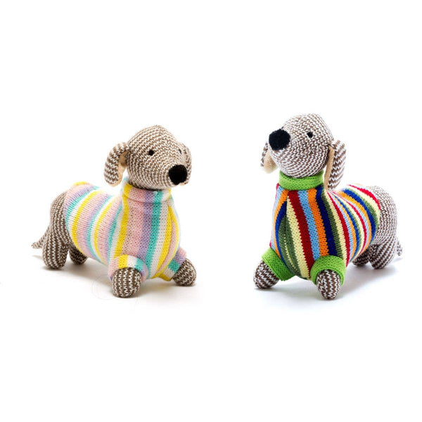 Best Years Ltd - Knitted Sausage Dog Baby Rattle in Pastel Jumper