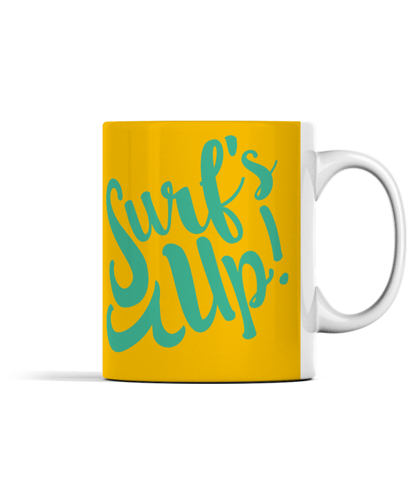 Borderless Mug surfs up text mug