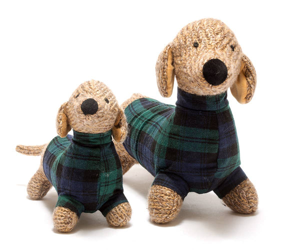 Best Years Ltd - Knitted Sausage Dog Baby Rattle with Tartan Jumper