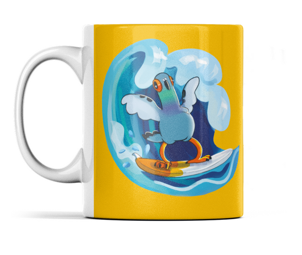 Borderless Mug surfs up text mug