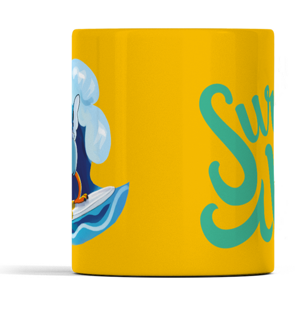 Borderless Mug surfs up text mug