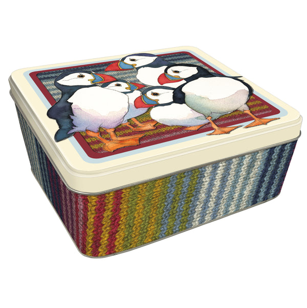 Stripy Puffins square Tin