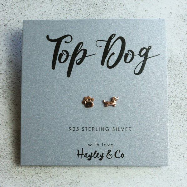 Hayley & Co - Paw Print and Sausage Dog Rose Gold Earrings