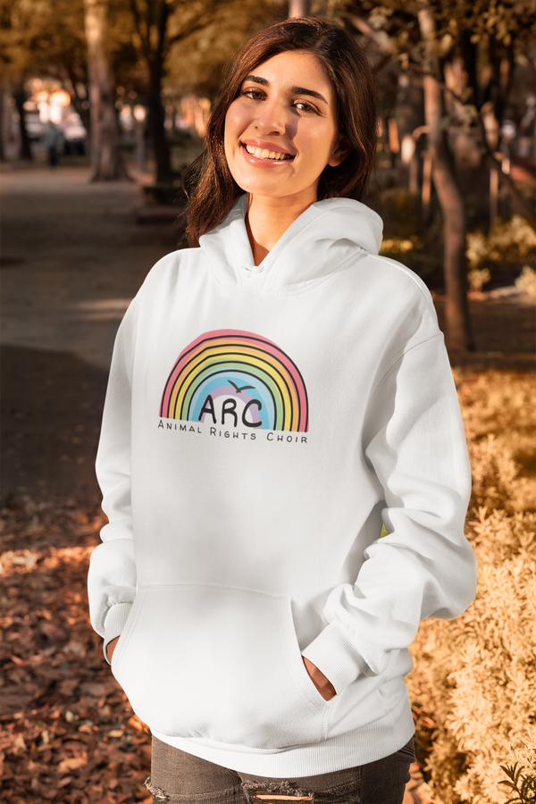 Animal Rights Choir -Adults Premium Hoodie Rainbow with black text